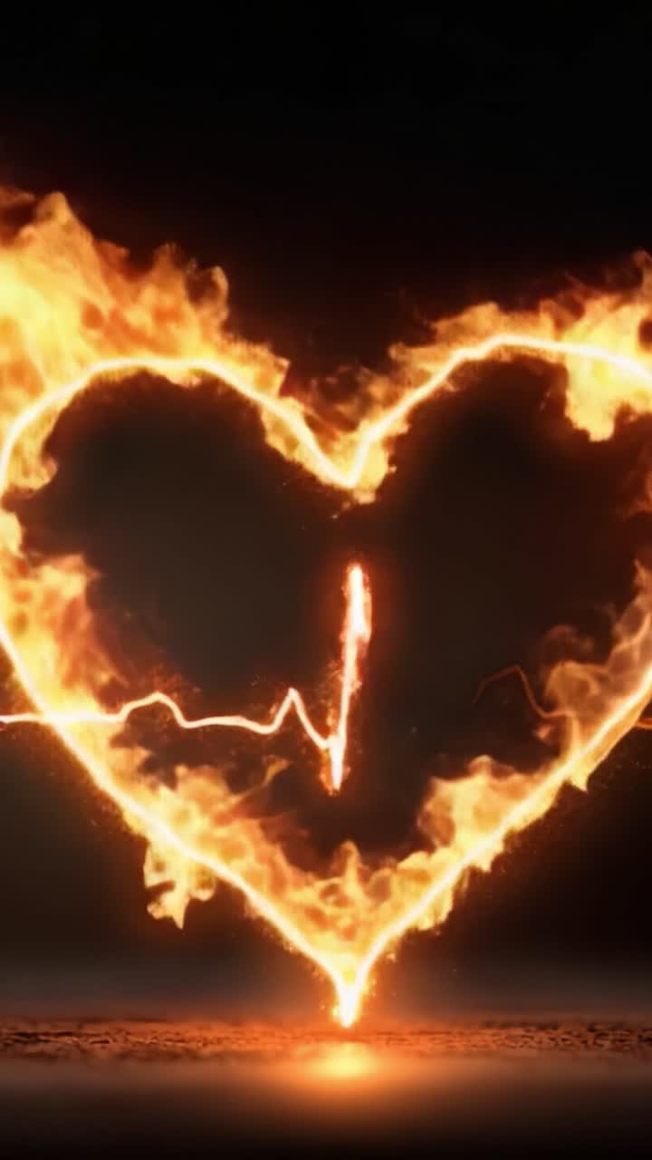 Una Rappresentazione Visiva Ipnotizzante di Amore e Vitalità, Questa Grafica di Cuore Infuocato Cattura l'Essenza della Passione Intrecciata con la Vita, Mostrando Fiamme e Battito Cardiaco con Dettagli Mozzafiato.