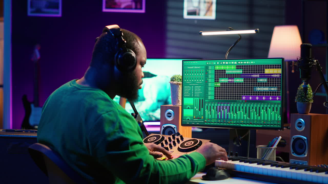 productor de música afroamericano girando las perillas en la consola de mezcla