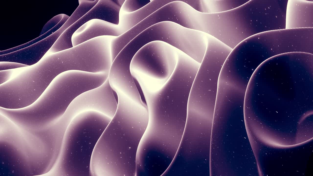 Abstract waves of soft black matte material with light inner glow and glitters on morphing surface. Abstract geometric surface like landscape or terrain, extrude or displace 3d noise. Loop 4k