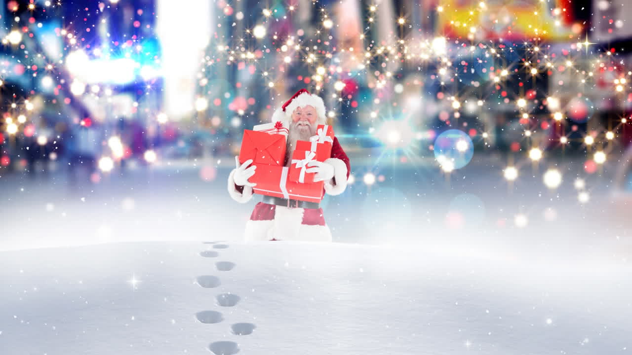 산타 클로즈가 내리는 눈과 함께 높은 눈을  ⁇ 고  ⁇ 고