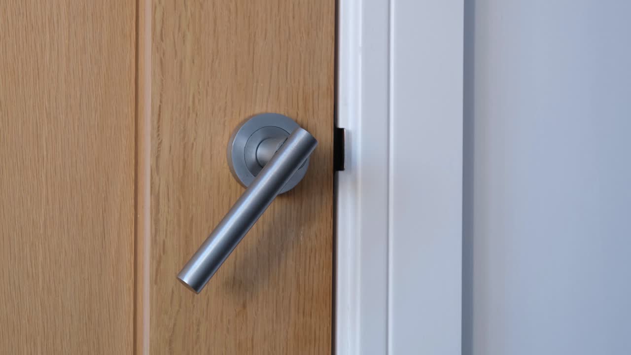 Porta interna moderna generica in legno di rovere a pannelli con maniglia in metallo argentato in alluminio spazzolato che si muove su e giù.