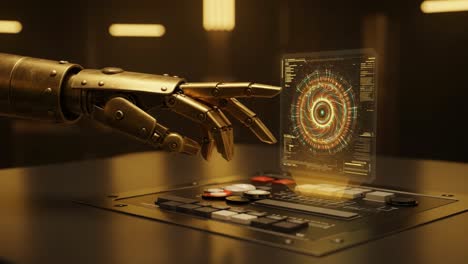 a futuristic robotic hand interacting with an advanced holographic interface displaying complex data visualizations and interfaces in a dimly lit environment