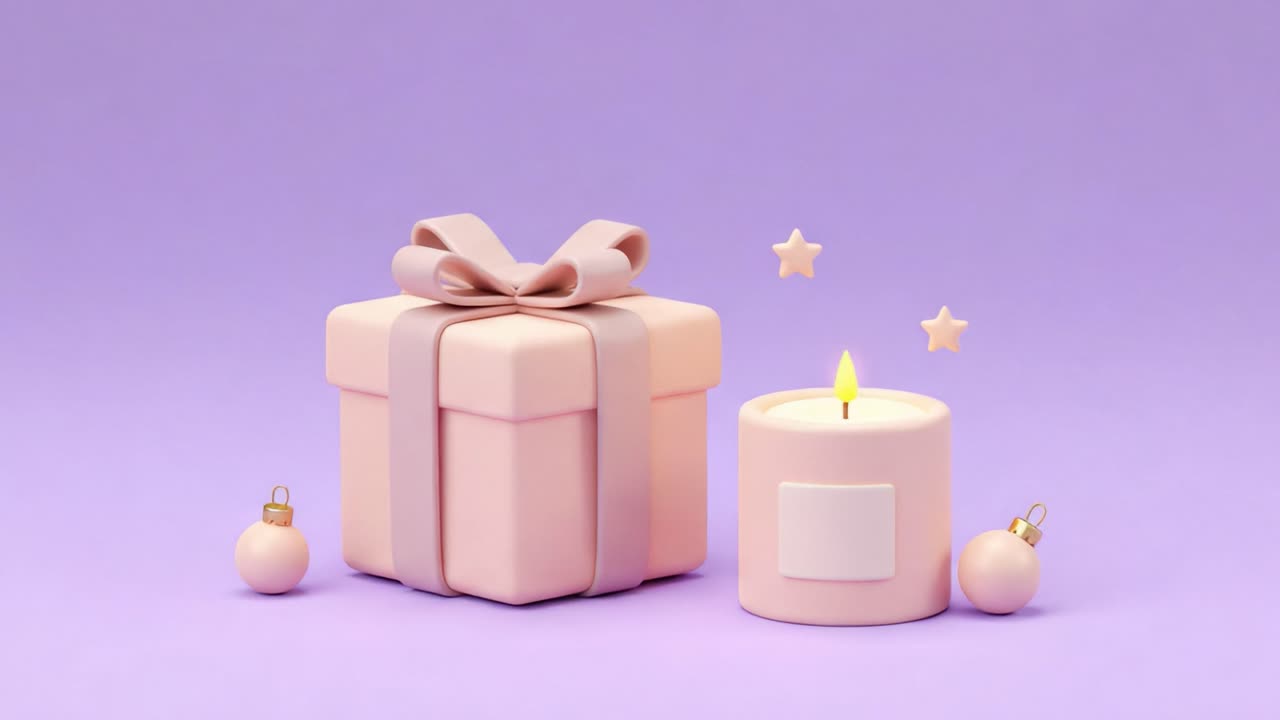 Charming Pastel Gift Box with Decorative Ribbon and a Softly Glowing Candle Surrounded by Festive Ornaments in a Lavender Background
