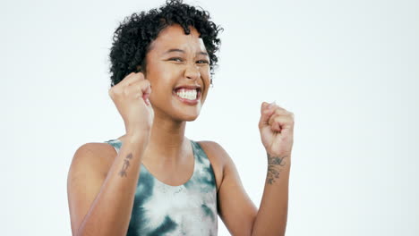 fitness, applause and woman face with studio