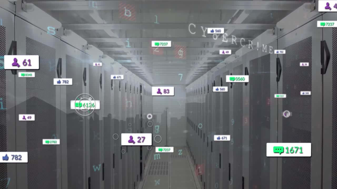animación de iconos de redes sociales y procesamiento de datos a través de servidores informáticos