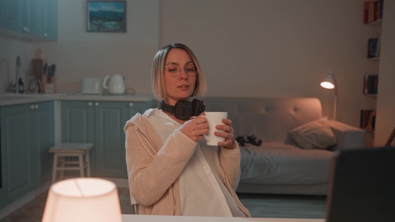Donna che si gode musica e caffè. Donna che sorseggia caffè mentre ascolta musica in un accogliente spazio domestico. Amante della musica che si prende una pausa tranquilla con cuffie e appunti scritti a mano a casa