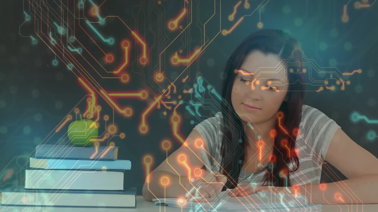 Woman picking up pen with books, writing educational notes as orange teal circuit graphics floating