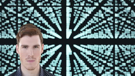 animación de un hombre caucásico sonriendo mirando a la cámara con carpetas flotantes e icono de seguridad digital