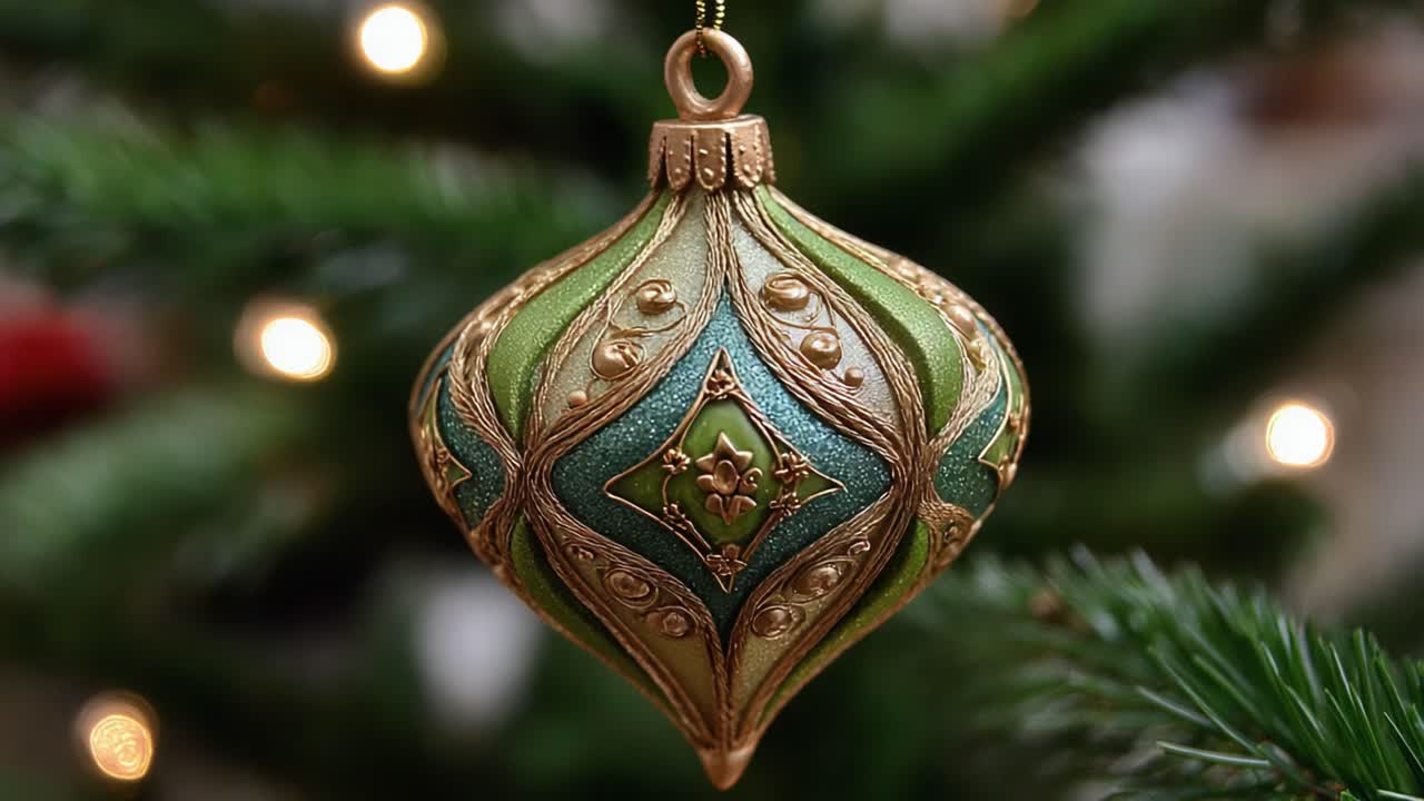 A Beautifully Crafted Ornamental Christmas Decoration Hanging from a Lush Green Tree, Radiating Holiday Cheer with Intricate Designs and Vibrant Colors