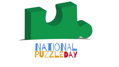 animación de la pieza verde del rompecabezas sobre el texto del día nacional del rompecabezas