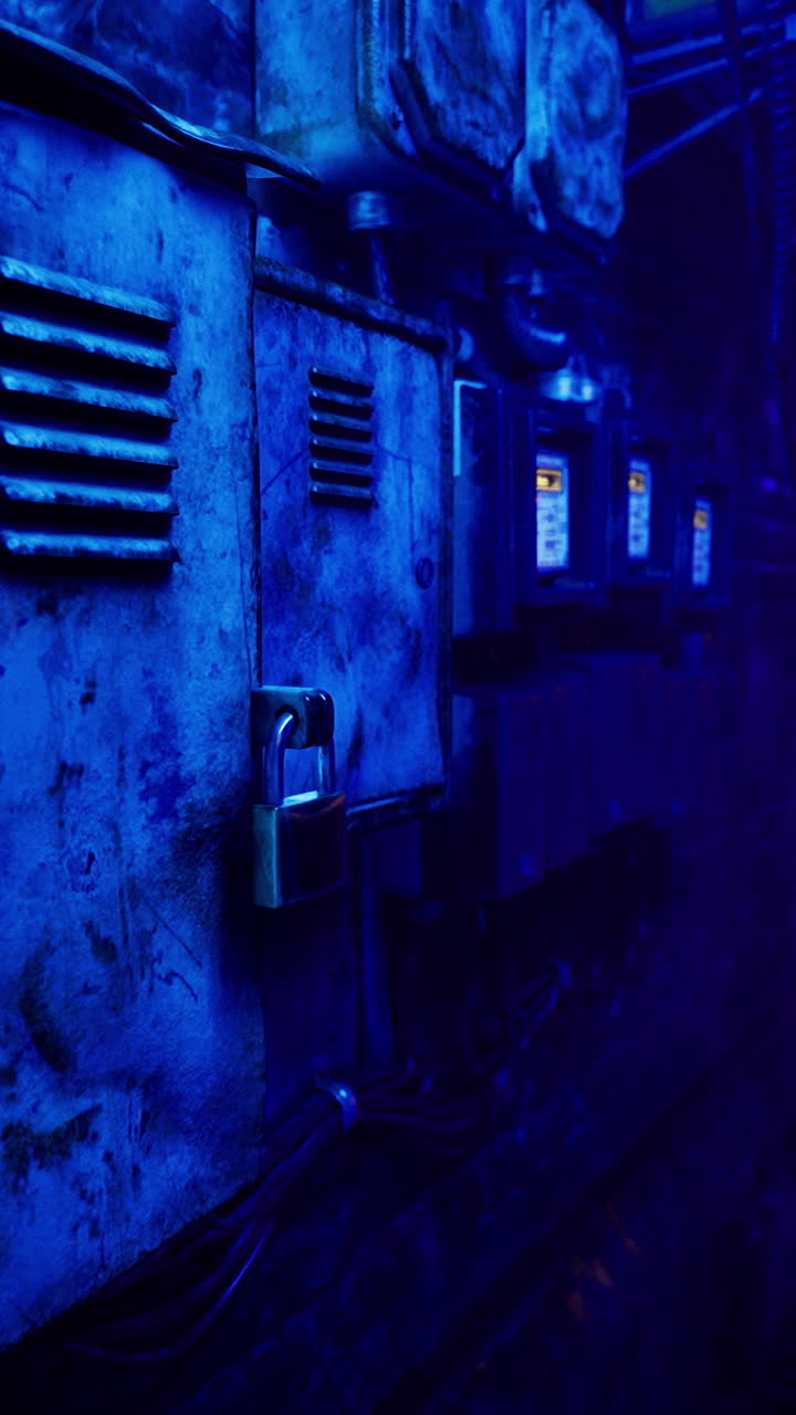 Mysterious alley illuminated by blue lights in an urban environment