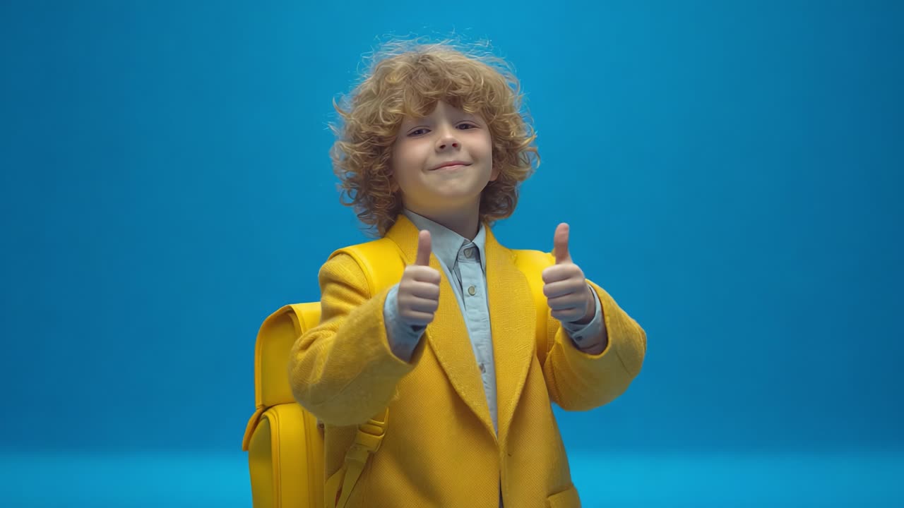 A Young Child in a Bright Yellow Coat and Backpack, Celebrating Positivity with a Big Smile and Thumbs Up Gesture Against a Vibrant Blue Background