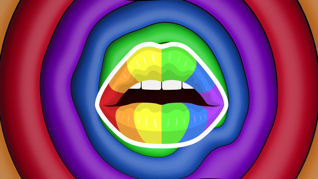 animación de la boca con labios arco iris sobre anillos concéntricos coloridos en movimiento