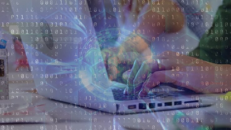 Animation of data processing over person using laptop