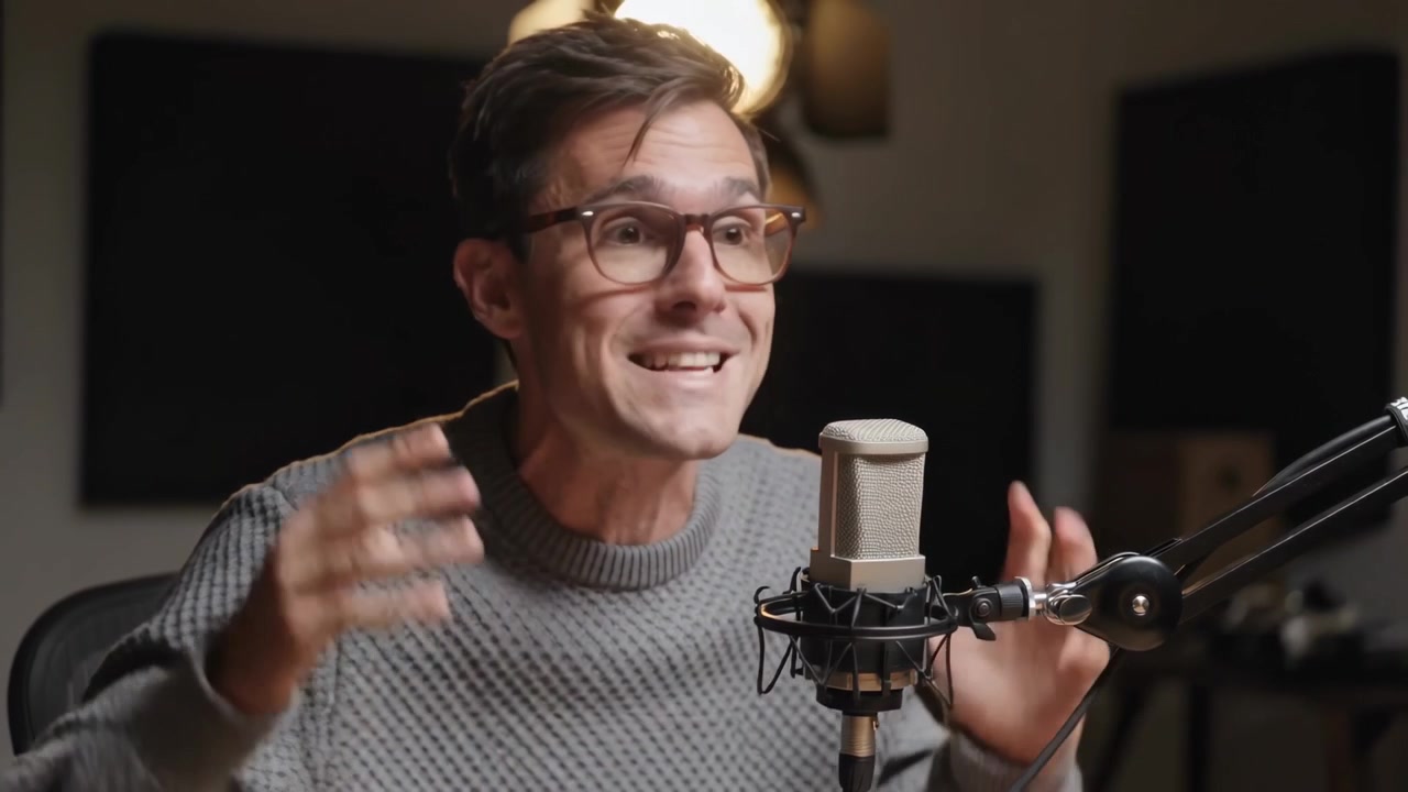 Recording starting, male host speaking, gesturing, emphasizing in studio with mic specs sweater