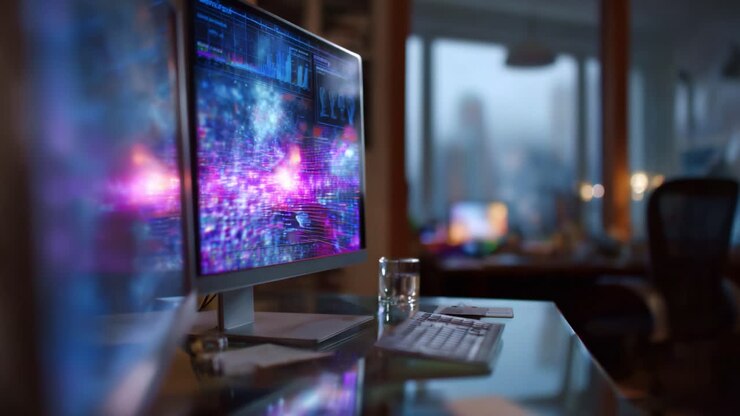 A Modern Workspace Featuring Two Computer Screens Displaying Vibrant Data Visualizations and Dynamic Graphics with a Glass of Water in the Foreground