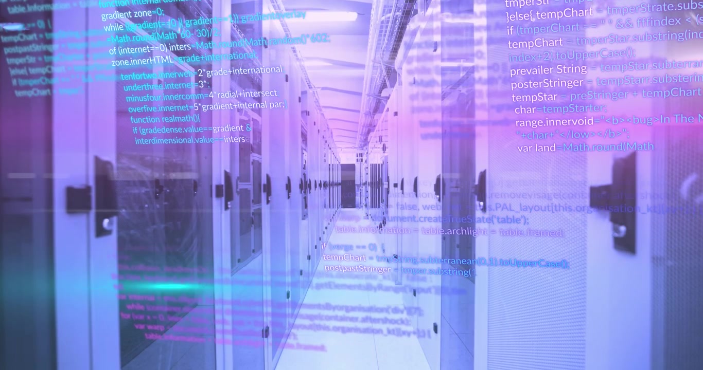 Animation of data processing over pink and blue light trails against computer server room