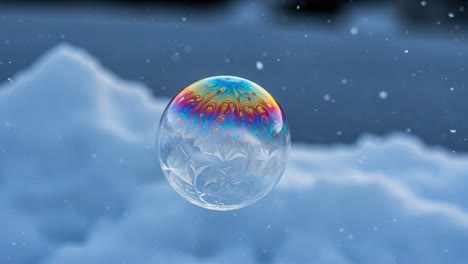 a beautifully colorful ice bubble floating gracefully above fresh snow, capturing the essence of winter and nature’s intricate designs in a stunning visual display