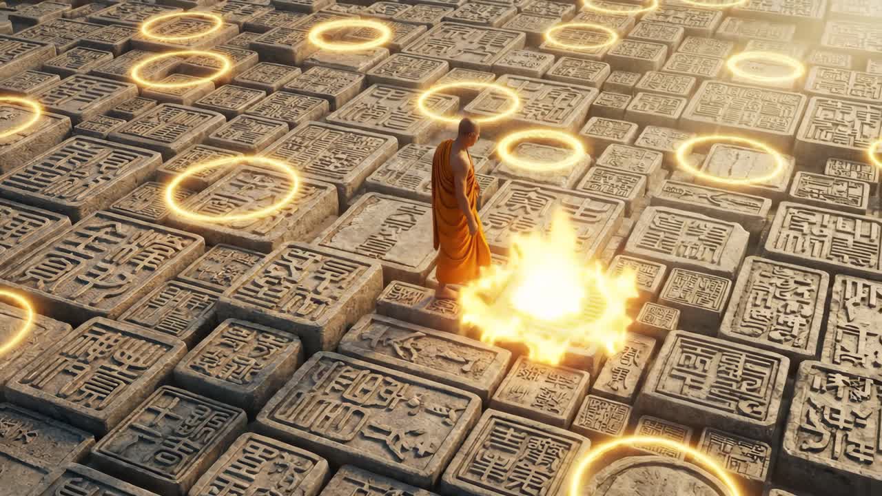 Monaco che cammina su antichi blocchi di pietra luminosi con fiamme