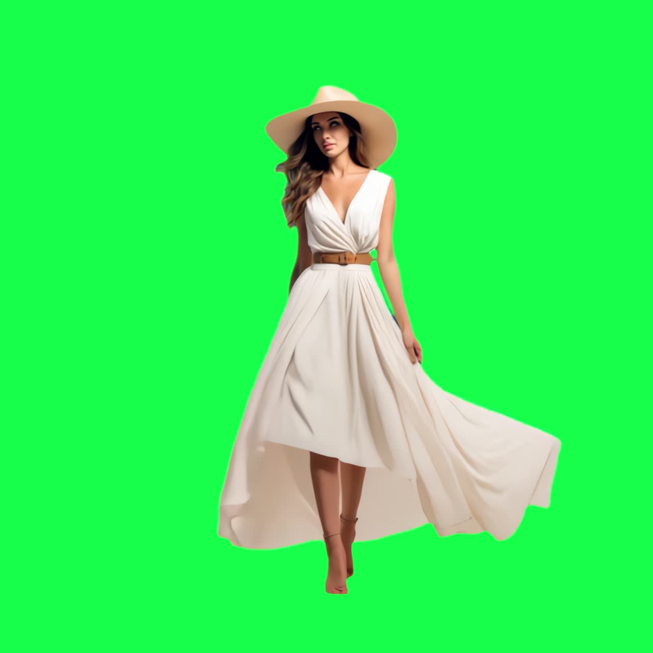 Animazione di donna elegante in abito svolazzante, video 4K trasparente, schermo verde