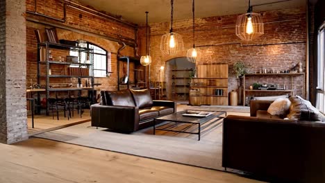 industrial loft living room with brick walls and modern furniture