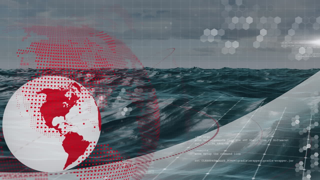 Animation eines Globus und Datenverarbeitung über Meereswellen