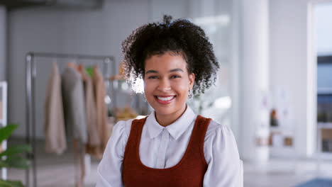 fashion, woman and face of happy designer