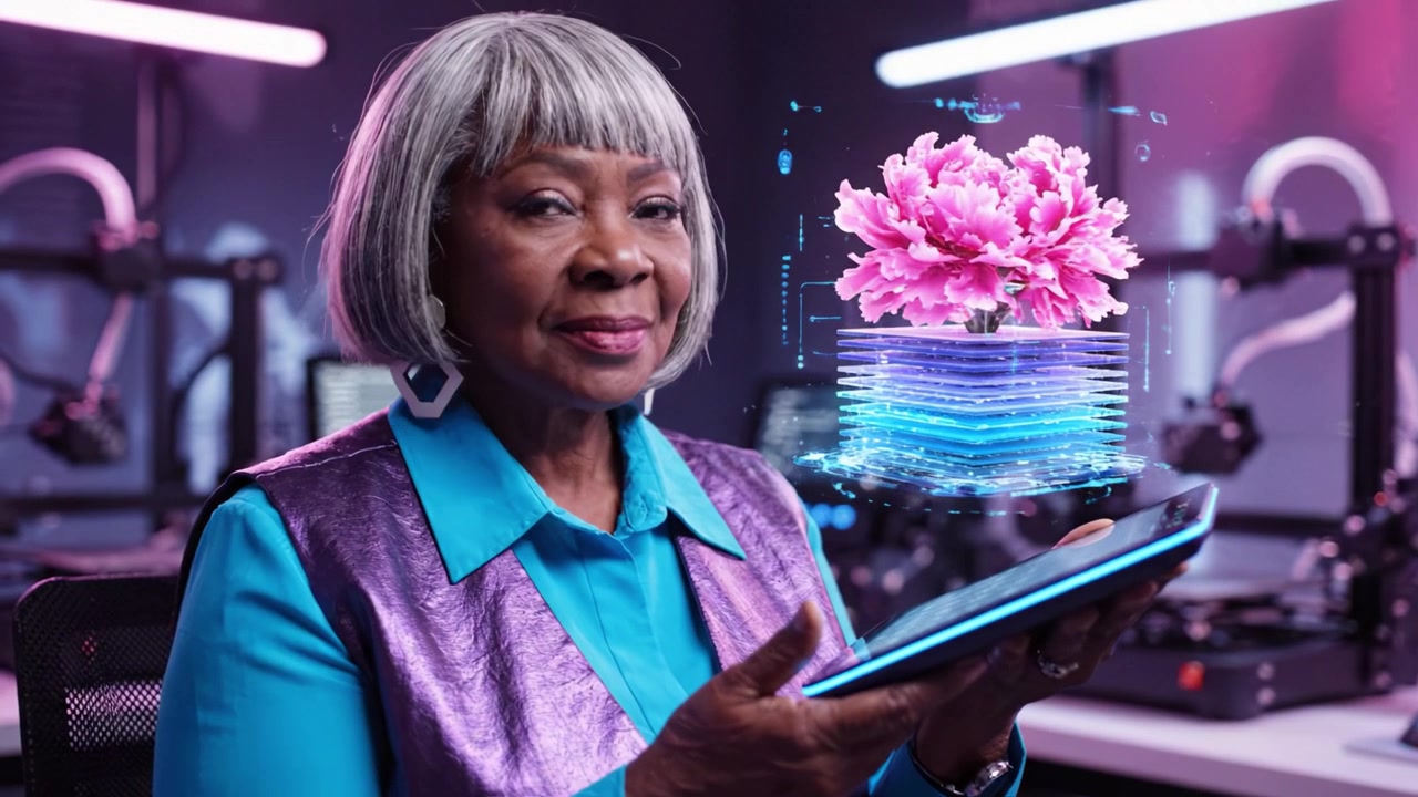 Una donna anziana interagisce con un tablet digitale, mostrando un fiore rosa olografico che emerge da uno schermo virtuale in un ambiente tecnologico moderno.