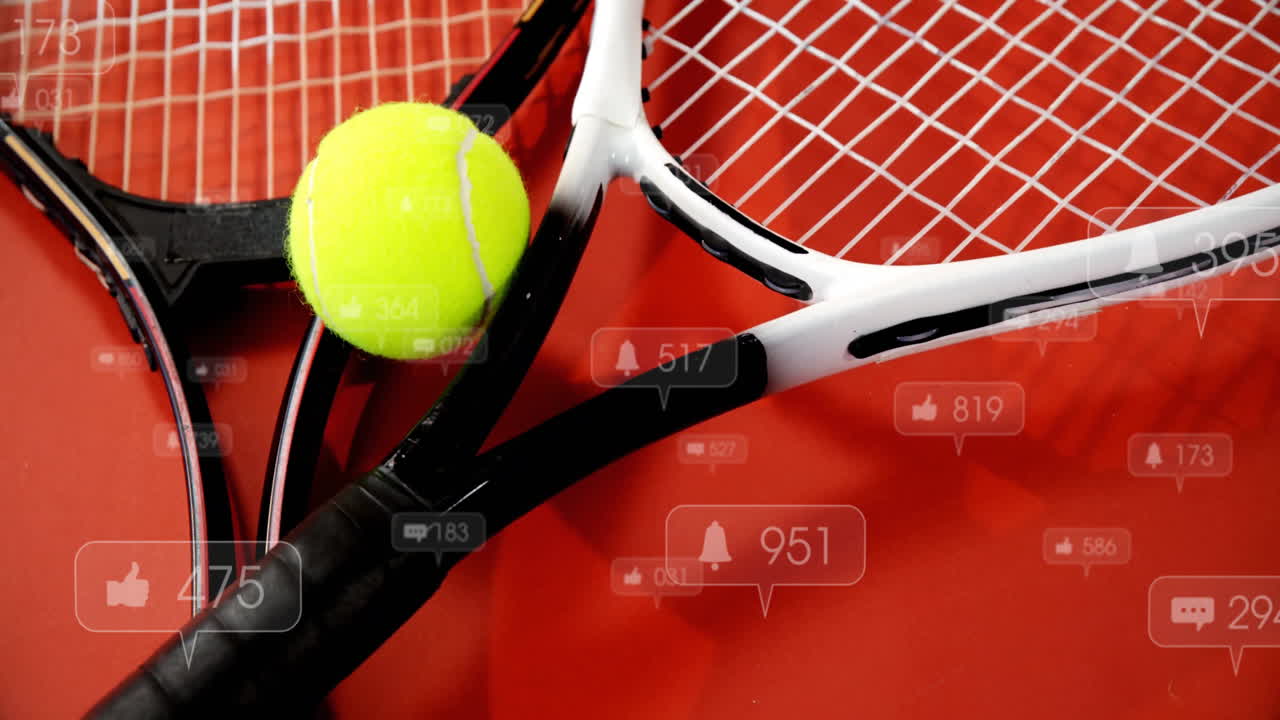 Tennis ball resting on crossed black white rackets while notification icons floating in flat design