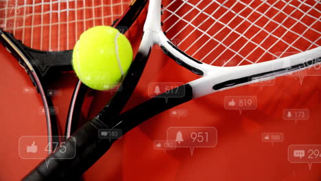 tennis ball resting on crossed black white rackets while notification icons floating in flat design