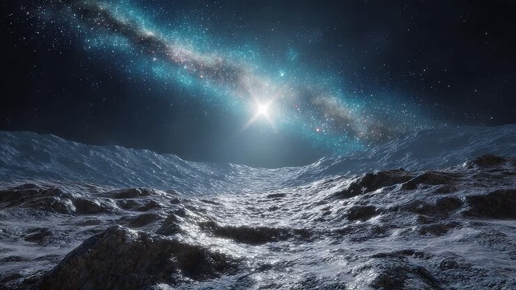 Eine majestätische kosmische Landschaft: Erkunde die Geheimnisse des Nachthimmels mit einem strahlenden Stern und einer riesigen, schimmernden Oberfläche, die himmlische Schönheit widerspiegelt