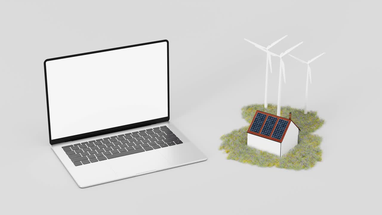 3D animation of laptop mockup with toy house with solar panels and windmills on white background