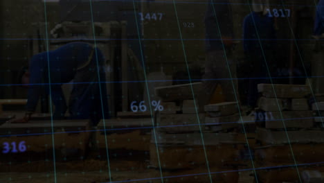 in woodworking shop, workers analyzing percentage data with grid overlay animation