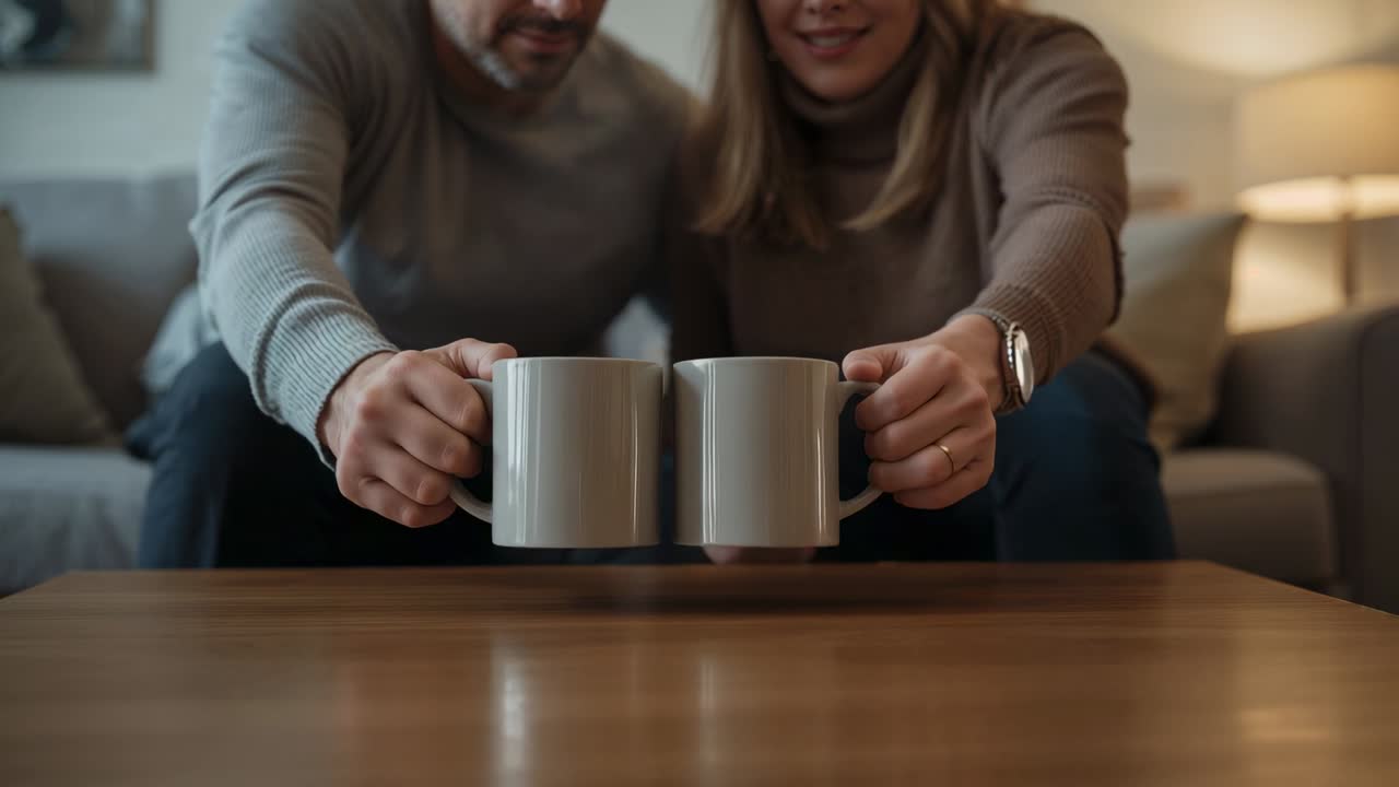 Tazze posizionate, coppia che solleva le tazze verso la fotocamera per presentarle sul tavolino da caffè a casa mentre indossano dei maglioni