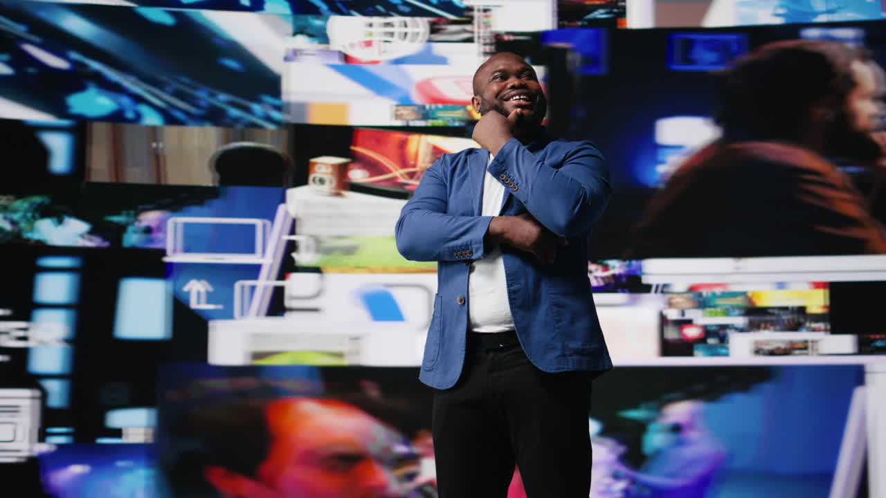 Tech savvy individual engaging with multimedia dashboards displays