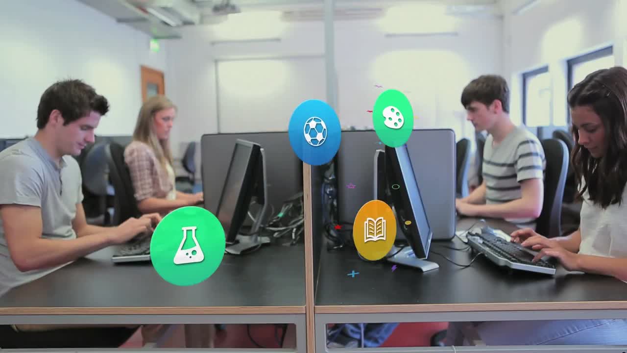 컴퓨터를 사용하여 다양한 학생들을 대상으로 다채로운 아이콘의 애니메이션