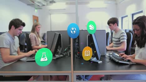 animación de iconos coloridos sobre diversos estudiantes usando la computadora
