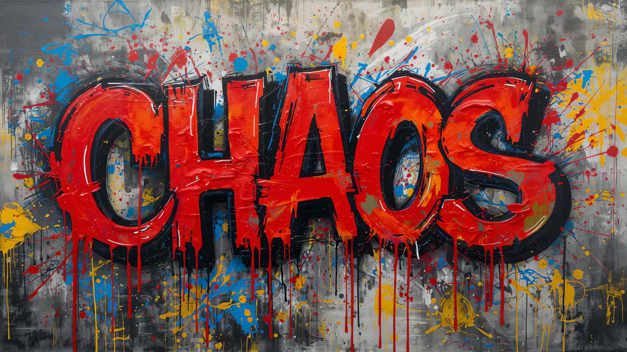 Cámara grabando con temporizador capturando cinco fotogramas del mural CHAOS en la pared del estudio, mostrando la textura