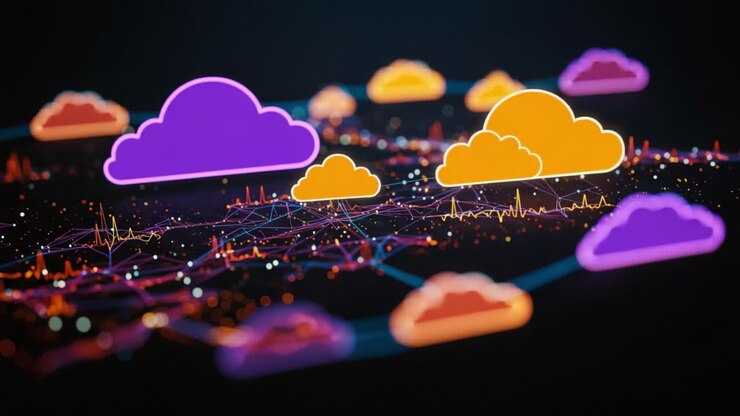 En fordybende visualisering af cloud computing-infrastruktur med farverige skyikoner og repræsentationer af netværksforbindelse.