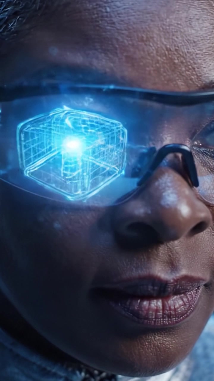 Futuristic Scientist in Augmented Reality Glasses: An Intense Moment of Discovery and Innovation Captured in Stunning Detail with High-Tech Visualization