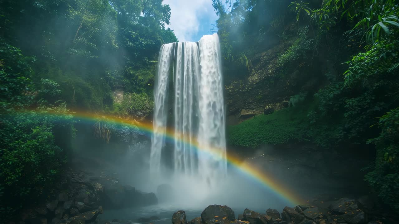 Featuring tall waterfall pouring water into mist-filled pool in tropical gorge, with vivid rainbow