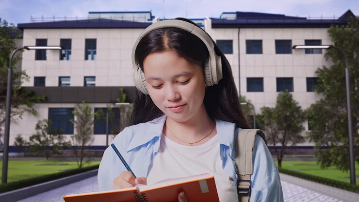 Nærbillede af en asiatisk teenagepige-studerende med rygsæk, der bærer hovedtelefoner og tager noter i en notesbog, mens hun står foran en skolebygning