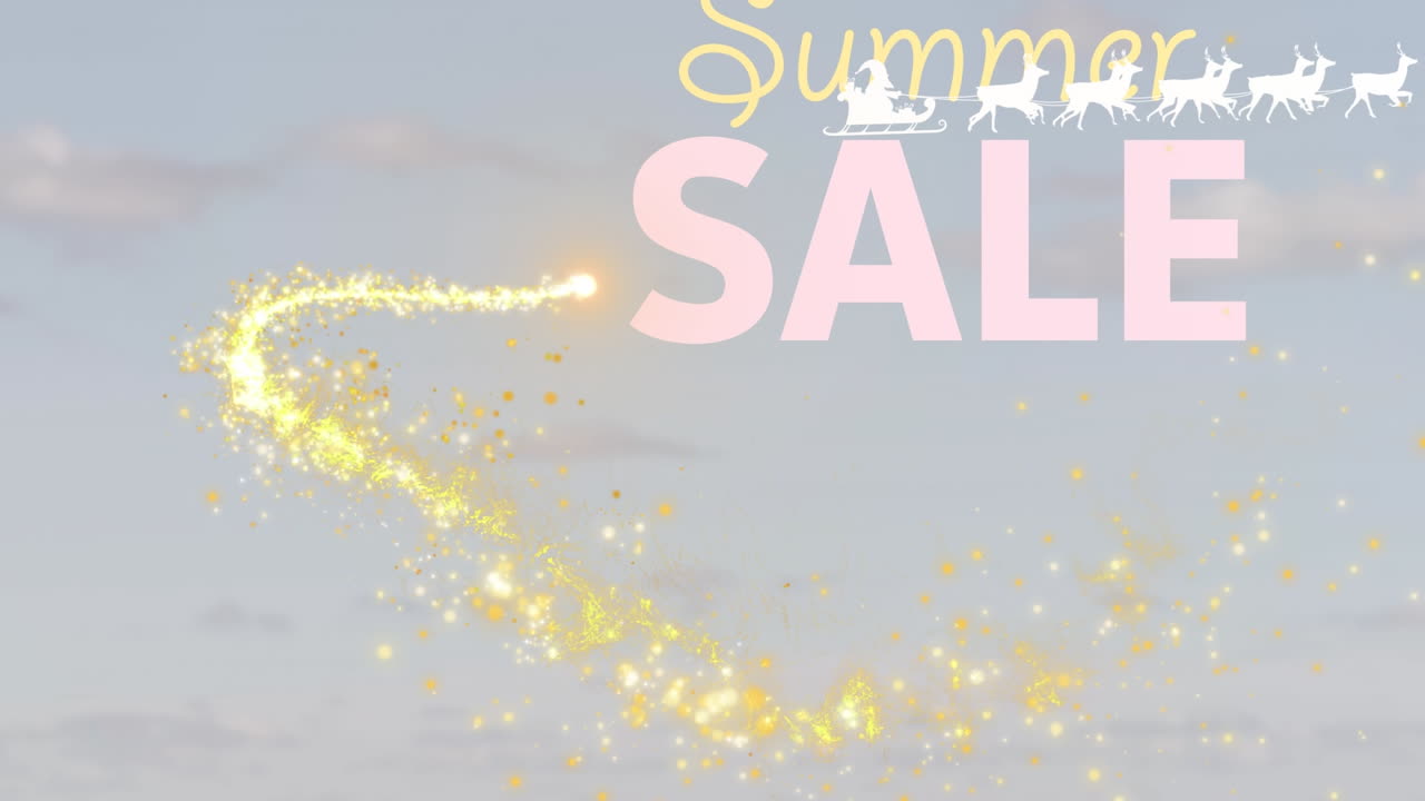 여름 판매 텍스트와 산타클로스  ⁇ 매 위에 빛의 애니메이션