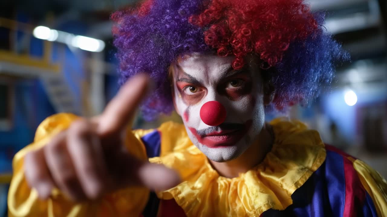 An Intense Clown Displaying Emotion with Colorful Costume and Makeup in a Dramatic Atmosphere Capturing the Essence of Performance Art