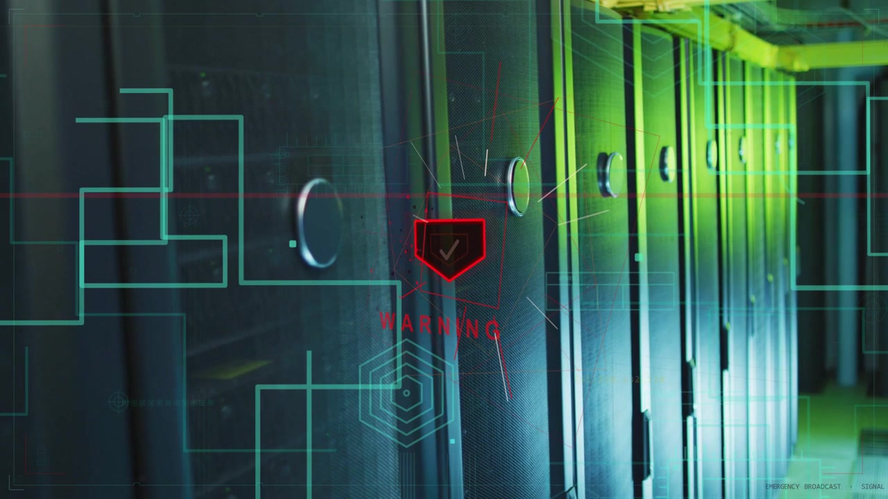 Armadi server allineati in fila avviano l'HUD dopo una pausa, con una griglia ciano che si disegna e uno scudo rosso che pulsa un avviso.