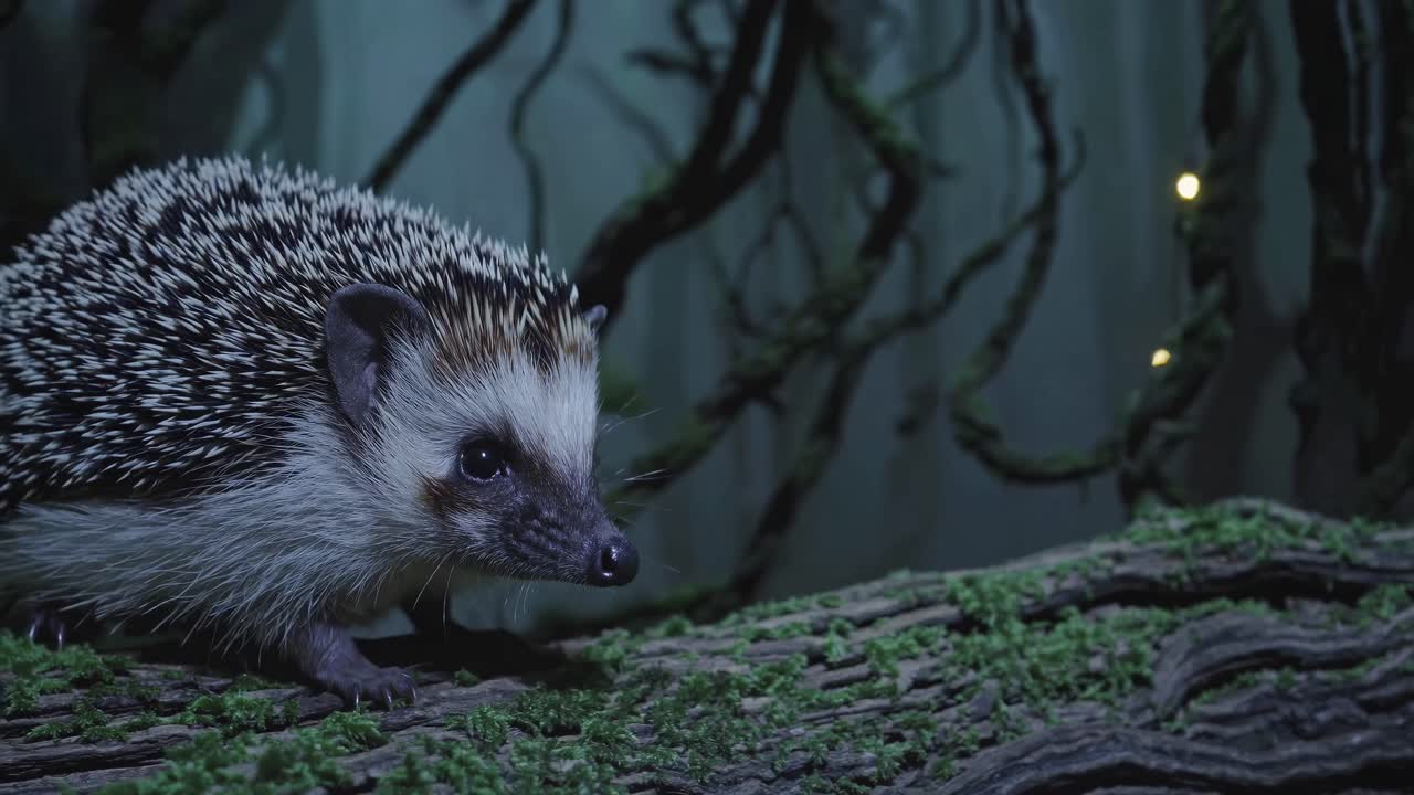 Close-up video of a hedgehog on a mossy log, shot from a low angle