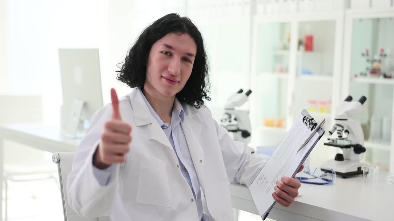 Young scientist gives thumbs up in a lab