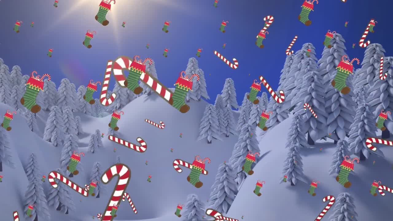 Animación de bastones de caramelo navideños cayendo sobre paisaje invernal