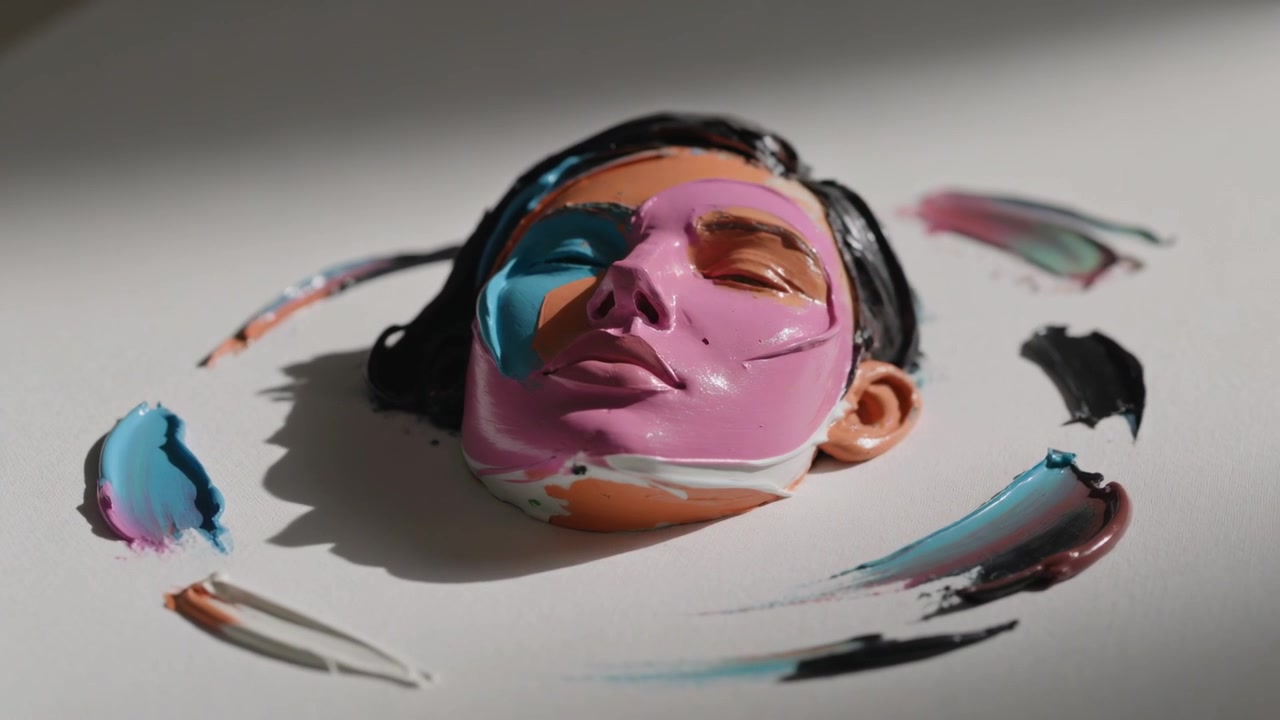 Câmera em movimento revelando uma cabeça feminina pintada sobre uma mesa de estúdio, destacando a textura de tinta brilhante.