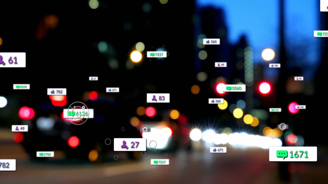 Nighttime urban street showing blurred cars, light bokeh and floating social badges in flat design